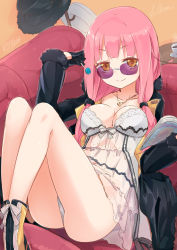 Rule 34 | 1girl, ass, babydoll, black gloves, blush, book, boots, breasts, coffee, couch, cup, glasses, gloves, hat, highres, homura subaru, jacket, large breasts, lillian ljungstrom, long hair, looking at viewer, open clothes, open jacket, original, panties, pink hair, smile, solo, steam, sunglasses, table, underwear, yellow eyes