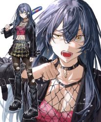 Rule 34 | 1girl, absurdres, baseball bat, belt, black hair, black jacket, black pantyhose, chamuring, choker, crop top, cross, cross earrings, earrings, fangs, fashion, fishnets, full body, goth fashion, gothic, hair between eyes, highres, holding, holding baseball bat, jacket, jewelry, leather, leather jacket, long hair, looking at viewer, midriff, open clothes, open jacket, open mouth, original, pantyhose, plaid, plaid skirt, punk, punkish gothic, simple background, skirt, solo, spiked boots, teeth, torn clothes, torn pantyhose, white background, yellow eyes