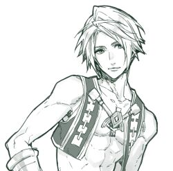 Rule 34 | 1boy, abs, asymmetrical hair, bare shoulders, closed mouth, collarbone, cropped vest, final fantasy, final fantasy xii, greyscale, looking to the side, male focus, monochrome, nakagawa waka, parted bangs, pectorals, short hair, solo, toned, toned male, upper body, vaan (ff12), vest, white background