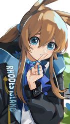 Rule 34 | 1girl, amiya (arknights), animal ears, arknights, ascot, black jacket, blue ascot, blue collar, blue eyes, brown hair, clothes writing, collar, finger to mouth, hair between eyes, highres, index finger raised, jacket, jewelry, long sleeves, looking at viewer, multiple rings, neck ring, open clothes, open jacket, ponytail, rabbit ears, rabbit girl, ring, shirt, shushing, sidelocks, simple background, solo, u no nijiart, white background, white shirt