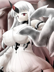 Rule 34 | 10s, 1girl, abyssal ship, breasts, claws, dress, covered erect nipples, goma (gomasamune), horns, huge breasts, kantai collection, looking at viewer, pale skin, red eyes, ribbed dress, ribbed sweater, seaport princess, single horn, solo, sweater, sweater dress, upper body, white hair
