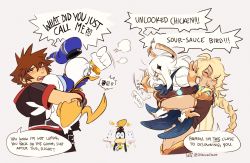 Rule 34 | 1girl, 4boys, aether (genshin impact), ahoge, blonde hair, blue eyes, brown hair, crop top, crossover, disney, donald duck, dress, english text, fingerless gloves, genshin impact, gloves, goofy, grey background, hair ornament, halo, hat, highres, kingdom hearts, kitkaloid, long hair, long sleeves, looking at another, midriff, multiple boys, name connection, navel, open mouth, paimon (genshin impact), red hair, restrained, scarf, short hair, shouting, simple background, sora (kingdom hearts), speech bubble, spiked hair, watermark, white dress, white hair, yellow eyes