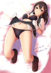 Rule 34 | black hair, black legwear, black skirt, blush, bra, breasts, brown footwear, clothes lift, collared shirt, commentary request, dated, gloves, grey eyes, groin, hair ornament, hairclip, kantai collection, lifting own clothes, loafers, looking at viewer, medium breasts, moke ro, navel, on bed, open clothes, open shirt, oyashio (kancolle), panties, pleated skirt, purple bra, purple panties, school uniform, shirt, shoes, short sleeves, skirt, skirt lift, solo, twitter username, underwear, white gloves, white shirt
