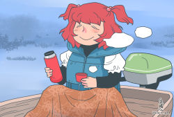Rule 34 | 1girl, adapted costume, artist name, blanket, blue background, boat, breath, contemporary, dated, closed eyes, floral print, hair bobbles, hair ornament, holding, holding thermos, life vest, onikobe rin, onozuka komachi, red hair, shirt, short hair, sitting, smile, solo, thermos, touhou, two side up, watercraft, white shirt