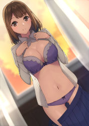 Rule 34 | 1girl, blue skirt, blunt bangs, blush, bow, bow bra, bow panties, bra, breasts, brown eyes, brown hair, cleavage, collar, collared shirt, curtains, dress shirt, gluteal fold, highres, indoors, large breasts, long sleeves, looking at viewer, medium hair, navel, open clothes, open shirt, original, panties, pleated skirt, purple bow, purple bra, purple panties, raitho, see-through, shirt, skirt, sky, smile, solo, sunset, unbuttoned, unbuttoned shirt, underwear, undressing, unzipped, white collar, white shirt, window