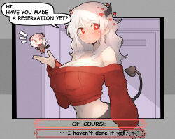 Rule 34 | 1girl, absurdres, bare shoulders, breasts, chibi, cleavage, comic sans, commentary, crop top, demon horns, demon tail, heart, heart-shaped pupils, helltaker, highres, horns, large breasts, long hair, long sleeves, looking at viewer, midriff, modeus (helltaker), multiple views, off-shoulder sweater, off shoulder, ohako (ohako1818), red eyes, red sweater, speech bubble, stomach, sweater, symbol-shaped pupils, tail, upper body, white hair