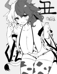 Rule 34 | 2girls, @ @, \||/, ^ ^, alternate costume, animal ears, animal print, arms up, bikini, black hair, bottle, breasts, chibi, chibi inset, cleavage, closed eyes, collarbone, cow ears, cow horns, cow print, cow tail, cowboy shot, crying, crying with eyes open, ebisu eika, efukei, eyelashes, feet out of frame, fingernails, greyscale, hanging breasts, highres, holding, holding bottle, horns, jacket, jacket partially removed, large breasts, long earlobes, long sleeves, looking at viewer, milk bottle, monochrome, multicolored hair, multiple girls, no bra, open mouth, short hair, sidelocks, standing, sweat, sweatdrop, swimsuit, tail, tears, thighhighs, touhou, two-tone hair, ushizaki urumi, white hair, wide sleeves