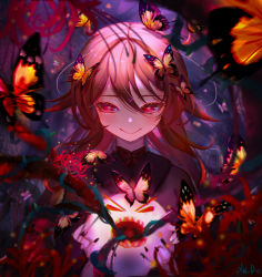 Rule 34 | 1girl, bad id, bad pixiv id, black nails, brown hair, bug, butterfly, chinese clothes, eyelashes, flower, genshin impact, ghost, glaring, highres, horror (theme), hu tao (genshin impact), insect, long hair, looking at viewer, min miyamoto, nail polish, open mouth, red eyes, sharp teeth, smile, solo, teeth, twintails