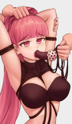 Rule 34 | 1girl, arms behind head, ball gag, bdsm, bondage, bound, breasts, dildo gag, female focus, fire emblem, fire emblem: three houses, gag, hilda valentine goneril, holding, holding own hair, intelligent systems, kosmos, large breasts, long hair, matching hair/eyes, nintendo, open mouth, pink eyes, pink hair, solo