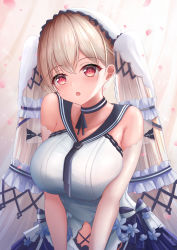 Rule 34 | 1girl, :o, azur lane, bare shoulders, black sailor collar, breasts, brown hair, collarbone, commentary request, curtains, detached sleeves, dress, formidable (azur lane), formidable (timeless classics) (azur lane), hair between eyes, large breasts, long hair, long sleeves, looking at viewer, nezumi (09261377), official alternate costume, parted lips, petals, red eyes, sailor collar, sailor dress, see-through, sleeveless, sleeveless dress, solo, twintails, very long hair, white dress, white sleeves