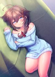 Rule 34 | 1girl, ahoge, bare shoulders, blue eyes, blue sweater, braid, brown hair, closed eyes, collarbone, commentary request, commission, couch, hair between eyes, hair flaps, hair ornament, hair ribbon, ittokyu, kantai collection, looking at viewer, lying, off-shoulder sweater, off shoulder, on side, open mouth, ribbon, shigure (kancolle), shigure kai ni (kancolle), sidelocks, signature, single braid, solo, sweater