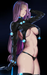 Rule 34 | 1girl, absurdres, arm at side, arm up, arms up, black background, black panties, black thighhighs, bodysuit, breasts, covered erect nipples, facial mark, fate/stay night, fate (series), forehead mark, gantz, gantz suit, glowing, hand in own hair, highres, holding, holding knife, knife, kumiko shiba, large breasts, long hair, looking at viewer, medusa (fate), medusa (rider) (fate), no bra, no pants, no pupils, panties, parted lips, purple eyes, purple hair, revealing clothes, reverse grip, simple background, solo, standing, straight hair, thighhighs, underboob, underwear