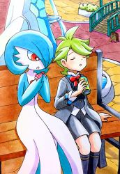 Rule 34 | 1boy, 1girl, alternate color, black jacket, black shorts, black socks, blue hair, blush, bob cut, bow, bowtie, bush, buttons, can, closed eyes, colored skin, creatures (company), day, drink can, eating, flat chest, food, food bite, fountain, game freak, gardevoir, gen 3 pokemon, green hair, green skin, hair over one eye, hand up, hands up, highres, holding, holding food, jacket, kneehighs, legs together, light blush, long sleeves, multicolored skin, nintendo, on bench, one eye covered, open mouth, orange eyes, outdoors, own hands together, poke puff, pokemon, pokemon (creature), pokemon masters ex, red bow, red bowtie, shiny pokemon, shirt, short hair, shorts, sign, sitting, socks, soda can, speedy (pkh), stairs, traditional media, two-tone skin, u u, wally (pokemon), wally (sygna suit) (pokemon), white shirt, white skin