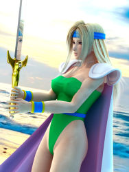 Rule 34 | 1990s (style), 1girl, 3d, armor, beach, belt, blonde hair, blue eyes, breasts, cape, celes chere, choker, cleavage, cloud, covered erect nipples, cowboy shot, day, final fantasy, final fantasy vi, from side, groin, headband, highleg, highleg leotard, holding, holding sword, holding weapon, incise soul, large breasts, leotard, lips, long hair, looking to the side, m-rs, ocean, outdoors, parted lips, pauldrons, reflection, retro artstyle, shoulder armor, sideboob, sky, solo, standing, sword, taut clothes, water, weapon, wristband
