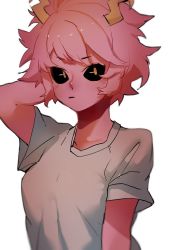Rule 34 | 10s, 1girl, arm up, artist request, ashido mina, black eyes, boku no hero academia, casual, closed mouth, colored skin, horns, looking to the side, pink hair, pink skin, short hair, simple background, solo, source request, upper body, white background