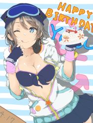 Rule 34 | 1girl, ;q, absurdres, anchor symbol, badge, bikini, bikini top only, blue bikini, blue eyes, blue gloves, blue hat, blue skirt, breasts, button badge, cake, cleavage, collarbone, dated, fingerless gloves, food, food on body, food on breasts, food on clothes, food on face, front-tie top, gloves, goggles, goggles on headwear, grey hair, happy birthday, hat, headphones, headphones around neck, highres, hinausa, holding, holding plate, hood, hood down, jacket, licking lips, love live!, love live! school idol festival, love live! sunshine!!, medium breasts, miniskirt, one eye closed, plate, short hair, skindentation, skirt, smile, solo, striped, striped background, swimsuit, tongue, tongue out, watanabe you