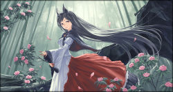 Rule 34 | 1girl, animal ears, bamboo, bamboo forest, black hair, border, brown eyes, capelet, dress, embellished costume, fingernails, flower, forest, imaizumi kagerou, long fingernails, long hair, nail polish, nature, open mouth, petals, red eyes, red nails, touhou, very long hair, wide sleeves, wolf ears, yamamomo (plank)