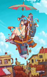 Rule 34 | 1girl, aircraft, bare shoulders, bike shorts, bikini, bikini top only, blue eyes, boots, brown hair, choker, city, cloud, day, drink, drinking, drinking straw, flying, from below, gloves, goggles, goggles on head, helmet, highres, looking at viewer, navel, original, parasol, short hair, sky, solo, swimsuit, tanuki koubou, umbrella