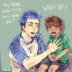 Rule 34 | 2boys, absurdres, blue hair, bruise, gogglesyo, highres, injury, male focus, mordecai (regular show), multiple boys, regular show, rigby (regular show), sitting, size difference, tears, text focus