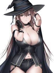 Rule 34 | 1girl, black hat, breasts, brown hair, buckle, cleavage, collarbone, cowboy shot, gloves, hair between eyes, haru (hr works), hat, highres, large breasts, long hair, looking at viewer, navel, open clothes, original, short shorts, shorts, solo, stomach, white background, witch, witch hat, zipper