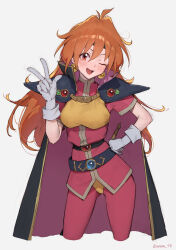Rule 34 | 1girl, absurdres, ahoge, armor, belt, black belt, black cape, black headband, blush, breasts, cape, commentary, contrapposto, cropped legs, earrings, fang, gloves, hair between eyes, hand on own hip, hand up, headband, high collar, highres, jewelry, lina inverse, long hair, looking at viewer, medium breasts, multicolored cape, multicolored clothes, multiple belts, one eye closed, open mouth, orange hair, pants, pauldrons, purple cape, red eyes, red pants, red shirt, shirt, short sleeves, shoulder armor, simple background, slayers, smile, solo, sooon, twitter username, two-sided cape, two-sided fabric, w, white background, white gloves