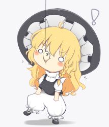 Rule 34 | !, 1girl, ahoge, bloomers, blush stickers, chibi, commentary, eating, fishing hook, food, hat, kirisame marisa, long hair, mary janes, mouth hold, no pants, o o, riza dxun, shoes, solo, touhou, turtleneck, underwear, vest, wavy hair, witch hat