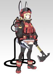 Rule 34 | 1girl, absurdres, animal ears, axe, bad id, bad twitter id, belt, belt buckle, blonde hair, blue eyes, boots, buckle, rabbit ears, coat, collar, fire axe, firefighter, fps xilou, full body, gloves, grey background, headphones, helmet, highres, holding, holding axe, hose, inactive account, long sleeves, oxygen tank, pocket, simple background, standing, thighhighs, vest
