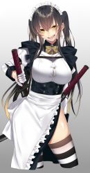 Rule 34 | 1girl, :d, apron, black hair, breasts, cropped legs, earrings, hair between eyes, highres, holding, holding sword, holding weapon, jewelry, katana, large breasts, looking at viewer, maid, onineko-chan, open mouth, original, sheath, sheathed, smile, solo, striped clothes, striped thighhighs, sword, teeth, thighhighs, twintails, unsheathing, weapon, white background, yellow eyes
