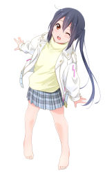 Rule 34 | 1girl, barefoot, black hair, blue skirt, blush, brown eyes, commentary request, dresstrip, full body, hair between eyes, jacket, k-on!, long hair, long sleeves, looking at viewer, miniskirt, nakano azusa, one eye closed, open clothes, open jacket, open mouth, plaid, plaid skirt, shirt, simple background, skirt, smile, solo, teeth, twintails, upper teeth only, white background, white jacket, yellow shirt