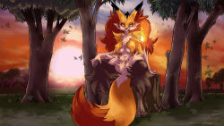 Rule 34 | 1girl, animal ears, breasts, cleavage, covered erect nipples, creatures (company), delphox, female focus, fire, forest, fox, fox ears, fox girl, fox tail, furry, furry female, game freak, gen 6 pokemon, highres, medium breasts, nature, navel, nintendo, outdoors, plague of gripes, plant, pokemon, pokemon (creature), red eyes, sitting, solo, stick, tail, tree