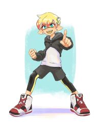 Rule 34 | 1boy, aqua eyes, black footwear, black leggings, black shorts, black sweater, blonde hair, blue background, clenched hand, commentary, commission, earrings, english commentary, gradient hair, hair ornament, hairpin, highres, index finger raised, inkling, inkling boy, inkling player character, jewelry, leggings, leggings under shorts, multicolored footwear, multicolored hair, nintendo, open mouth, orange hair, pointing, pointing at viewer, pointy ears, red footwear, seatha, short hair, shorts, simple background, solo, splatoon (series), straight-laced footwear, sweater, teeth, two-tone background, two-tone hair, two-tone sweater, v-shaped eyebrows, white background, white footwear, white sweater