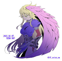 Rule 34 | 1girl, blonde hair, breasts, breath of fire, breath of fire ii, bridal gauntlets, dated, dress, feathered wings, green eyes, highres, large breasts, long hair, medium breasts, nina (breath of fire ii), purple wings, sf going on, side slit, simple background, solo, twitter username, white background, wings