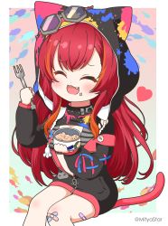 Rule 34 | 1girl, :d, ^ ^, animal ears, animal hood, bandaid, bandaid on knee, bandaid on leg, black jacket, black shirt, blush, cat tail, chibi, closed eyes, commentary request, crossed bandaids, facing viewer, fake animal ears, fang, feet out of frame, food, food on face, fork, goggles, goggles on head, heart, highres, holding, holding fork, hood, hood up, hooded jacket, jacket, long hair, long sleeves, mitya, nekota tsuna, open mouth, puffy long sleeves, puffy sleeves, red hair, shirt, sitting, smile, solo, striped, tail, tin can, twitter username, very long hair, virtual youtuber, vspo!