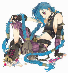 Rule 34 | 1girl, absurdly long hair, absurdres, arcane: league of legends, arcane jinx, arm support, armpit crease, asymmetrical sleeves, black choker, blouse, blue hair, braid, breasts, character name, choker, daruma owl, detached sleeves, highres, jinx (league of legends), knee up, league of legends, long hair, looking at viewer, midriff, nail polish, navel, pants, profile, red eyes, shirt, simple background, sitting, sleeveless, sleeveless shirt, small breasts, smile, solo, sparkle, spiked belt, stuffed toy, tattoo, torn clothes, torn pants, twintails, very long hair, white background