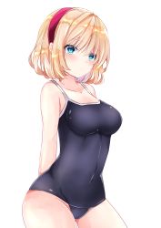 Rule 34 | 1girl, alice margatroid, alternate costume, arm behind back, bad id, bad pixiv id, bare shoulders, black one-piece swimsuit, blonde hair, blue eyes, blush, breasts, closed mouth, collarbone, competition school swimsuit, covered navel, cowboy shot, gluteal fold, groin, hair between eyes, hairband, highres, medium breasts, nanase nao, one-piece swimsuit, red hairband, school swimsuit, solo, swimsuit, touhou
