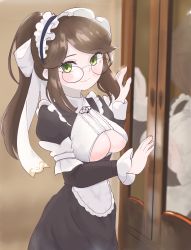 Rule 34 | 1girl, absurdres, apron, black dress, blush, breasts, brown hair, cleavage, cleavage cutout, clothing cutout, constantia s2, dress, glasses, green eyes, highres, last origin, lk149, looking at viewer, maid, maid apron, maid headdress, reflection, smile, underboob, waist apron, white apron