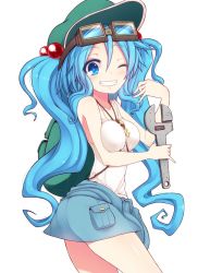 Rule 34 | 1girl, alternate hair length, alternate hairstyle, backpack, bag, bare arms, bare shoulders, blue eyes, blue hair, blush, grin, hair bobbles, hair ornament, hat, kawashiro nitori, key, kuresento, long hair, looking at viewer, matching hair/eyes, one eye closed, screwdriver, simple background, skirt, sleeveless, smile, solo, string, tank top, touhou, twintails, two side up, white background, wrench