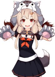 Rule 34 | 1girl, :d, absurdres, animal hands, animal hood, black serafuku, black skirt, blonde hair, commentary request, hair flaps, hair ornament, hairclip, highres, hood, ichi (ichi.colors), kantai collection, long hair, neckerchief, open mouth, pleated skirt, red eyes, red neckerchief, school uniform, serafuku, short sleeves, simple background, skirt, smile, solo, v-shaped eyebrows, white background, yuudachi (kancolle), yuudachi kai ni (kancolle)