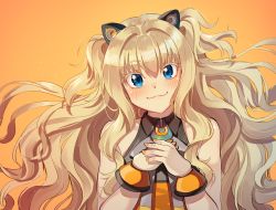 Rule 34 | 1girl, animal ears, bare shoulders, blonde hair, blouse, blue eyes, blush, cat ears, kamille (vcx68), long hair, nail polish, necktie, orange background, own hands together, seeu, shirt, simple background, sleeveless, sleeveless shirt, solo, speaker, very long hair, vocaloid, wrist cuffs