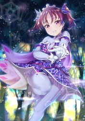 Rule 34 | 1girl, awaken the power, birthday, black footwear, bodysuit, breasts, cleavage, commentary request, earrings, gloves, hair ornament, highres, jewelry, kazuno leah, looking at viewer, love live!, love live! sunshine!!, medium breasts, pink eyes, pointing, pointing at viewer, purple hair, rama (yu-light8), see-through, see-through cleavage, smile, snowflakes, solo, twintails, white gloves