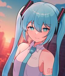 Rule 34 | 1girl, absurdres, blue eyes, blue hair, blurry, blurry background, bright pupils, detached sleeves, hatsune miku, highres, kumada gaon, light smile, looking at viewer, necktie, outdoors, sleeveless, solo, sunset, upper body, vocaloid, white pupils