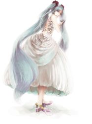 Rule 34 | 1girl, anklet, aqua eyes, aqua hair, backless outfit, crypton future media, dress, flower, frills, from behind, hair flower, hair ornament, haiyoku13, hand in own hair, hatsune miku, heads, headset, high heels, highres, jewelry, long hair, looking at viewer, looking back, piapro, purple footwear, red flower, solo, twintails, very long hair, vocaloid, white background, white dress