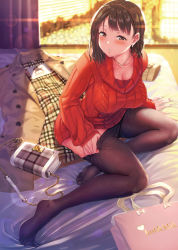 Rule 34 | 1girl, bag, bed, black pantyhose, blush, breasts, brown eyes, brown hair, cleavage, clothes pull, commentary request, dress, earrings, feet, fingernails, full body, handbag, indoors, jewelry, kitiroku, large breasts, lens flare, long sleeves, looking at viewer, nail polish, no shoes, original, pantyhose, pantyhose pull, parted lips, pendant, short hair, sitting, solo, sweat, sweater, sweater dress, turtleneck