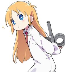 Rule 34 | 1girl, arms behind back, blue eyes, cowboy shot, from side, ixy, lab coat, long hair, long sleeves, looking at viewer, necktie, nichijou, orange hair, professor shinonome, red necktie, simple background, solo, tareme, white background, winding key