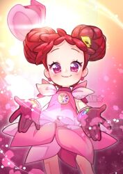 Rule 34 | 1girl, adan nanainonai, blush, closed mouth, commentary, cowboy shot, double bun, dress, earrings, english commentary, gloves, glowing, hair bun, harukaze doremi, hat, highres, jewelry, looking at viewer, magical girl, ojamajo doremi, outstretched arms, pink background, pink dress, pink eyes, pink gloves, pink hat, red hair, short hair, smile, solo, standing, witch hat
