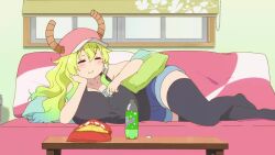 Rule 34 | 1girl, animated, anime screenshot, blonde hair, breasts, chips (food), closed eyes, couch, eating, female focus, food, gradient hair, green hair, hat, horns, huge breasts, indoors, kobayashi-san chi no maidragon, looping animation, lucoa (maidragon), lying, multicolored hair, on couch, on side, screencap, shorts, soda, solo, table, tagme, talking, thighhighs, video, zettai ryouiki