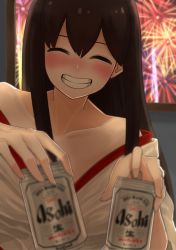 Rule 34 | 10s, 1girl, akagi (kancolle), alcohol, beer, beer can, blush, brown hair, can, closed eyes, cross-counter (screw upper), drink can, drunk, fireworks, highres, holding, holding can, japanese clothes, kantai collection, long hair, off shoulder, smile, solo