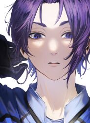 Rule 34 | 1boy, black gloves, blue lock, blue shirt, collared shirt, gloves, hair tie, hand up, highres, looking at viewer, male focus, mikage reo, naka (58hrprtr), parted lips, portrait, purple eyes, purple hair, shirt, short hair, simple background, solo, white background