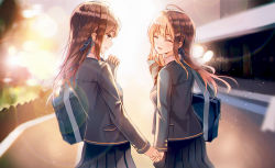 Rule 34 | 2girls, absurdres, bag, blazer, blue ribbon, blue skirt, blurry, blurry background, brown eyes, brown hair, closed eyes, collared shirt, dress shirt, grey jacket, hair ribbon, hand up, highres, holding hands, jacket, long hair, looking at another, multiple girls, open mouth, original, outdoors, parted lips, pleated skirt, ribbon, school bag, school uniform, shirt, sion (im10042m), skirt, smile, standing, sunlight, white shirt
