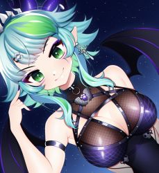 Rule 34 | 1girl, apricot the lich, apricot the lich (1st costume), aqua eyes, aqua hair, breasts, cleavage, cleavage cutout, clothing cutout, highres, horns, jewelry, lich, loggi, medium breasts, nail polish, pointy ears, short hair, smile, solo, virtual youtuber, vshojo, wings